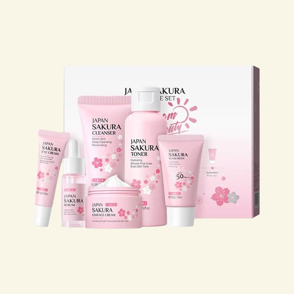 Coffret soin visage Halo Wellness Sakura avec 5 produits hydratants à l'extrait de fleur de cerisier