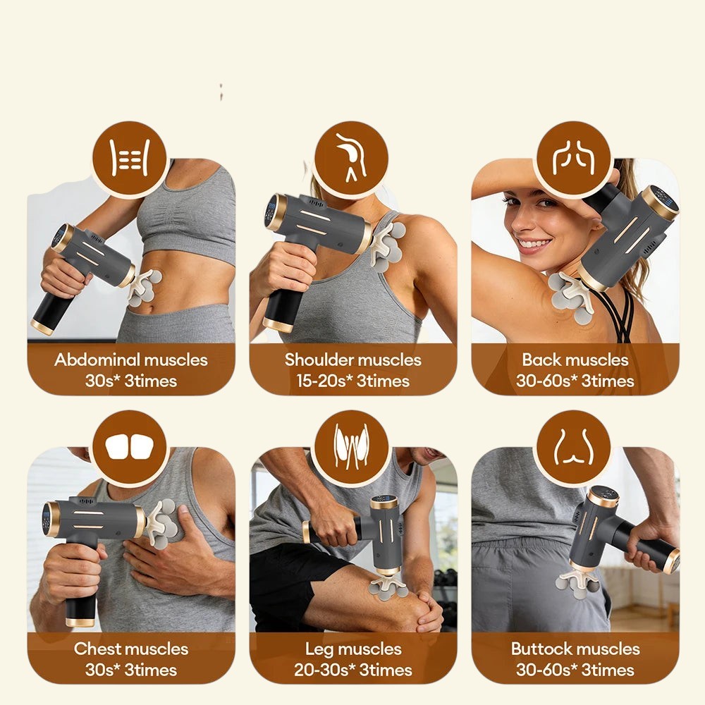 Pistolet de massage Halo Wellness gris et noir avec têtes interchangeables utilisé sur différentes zones du corps