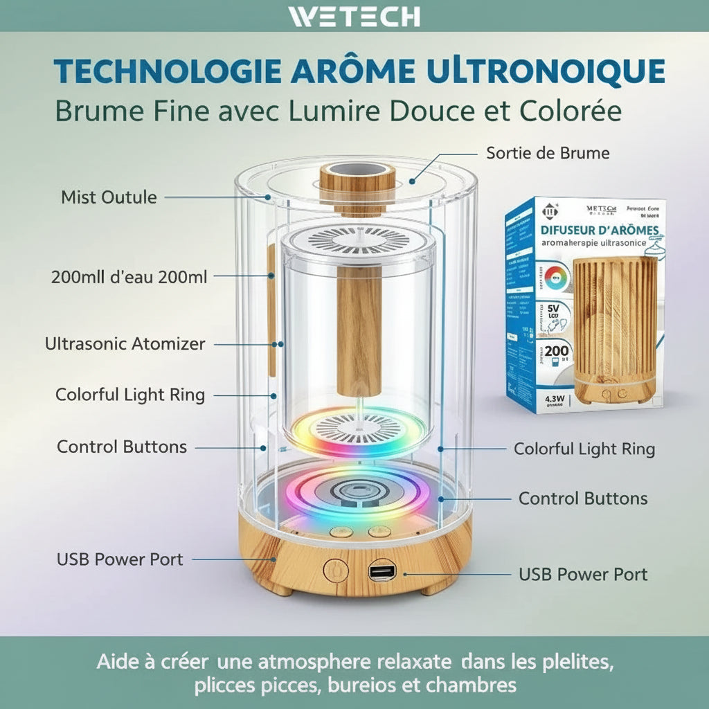 Diffuseur d'arômes ultrasonique bois - bois clair et bois foncé