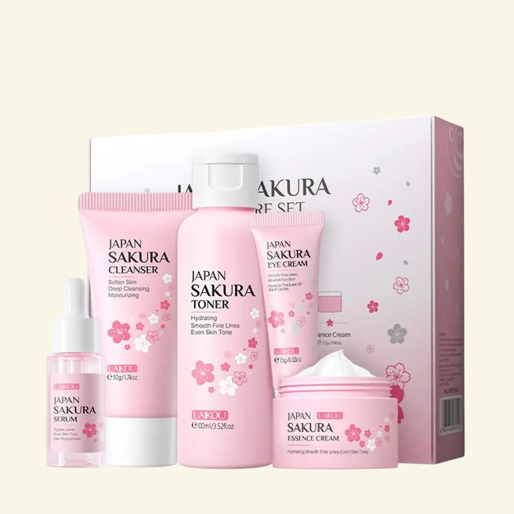 Coffret soin visage Halo Wellness Sakura avec 5 produits hydratants à l'extrait de fleur de cerisier dans leur boîte