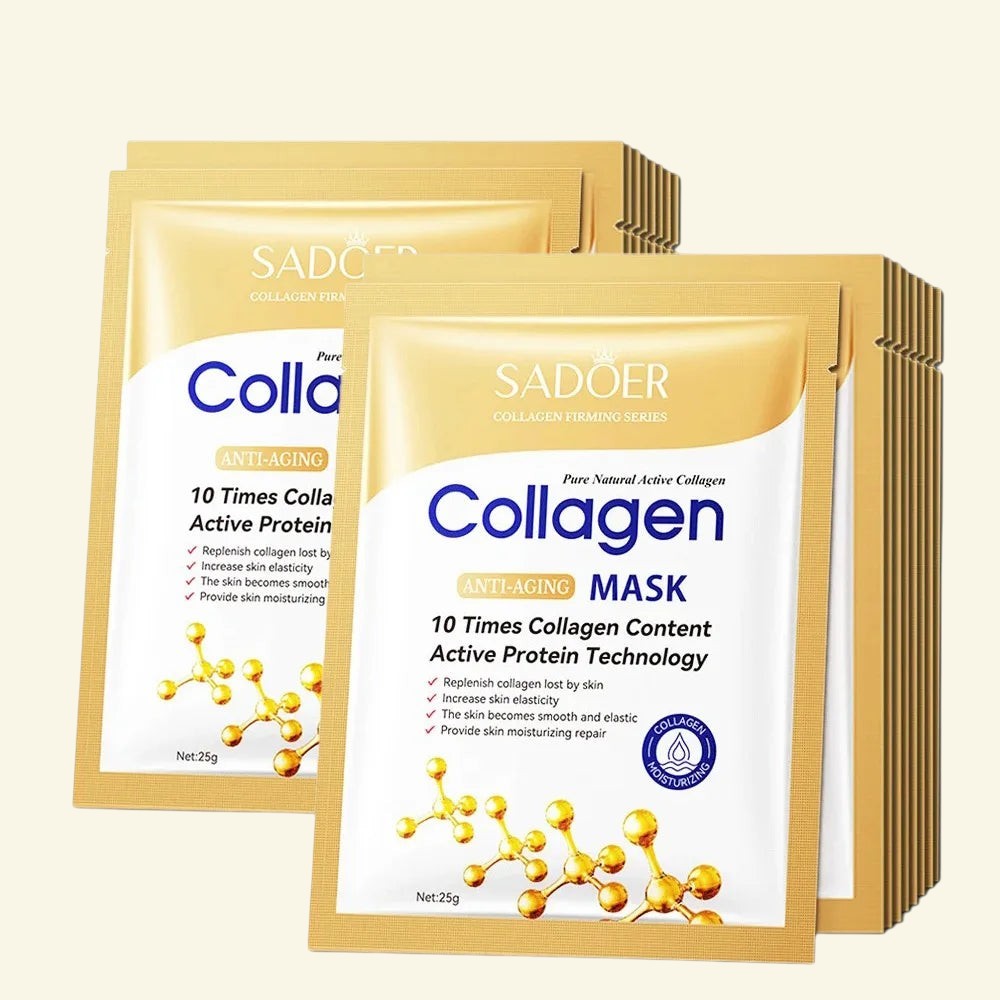 Lot de masques visage au collagène SADOER par Halo Wellness, emballage doré hydratant et raffermissant