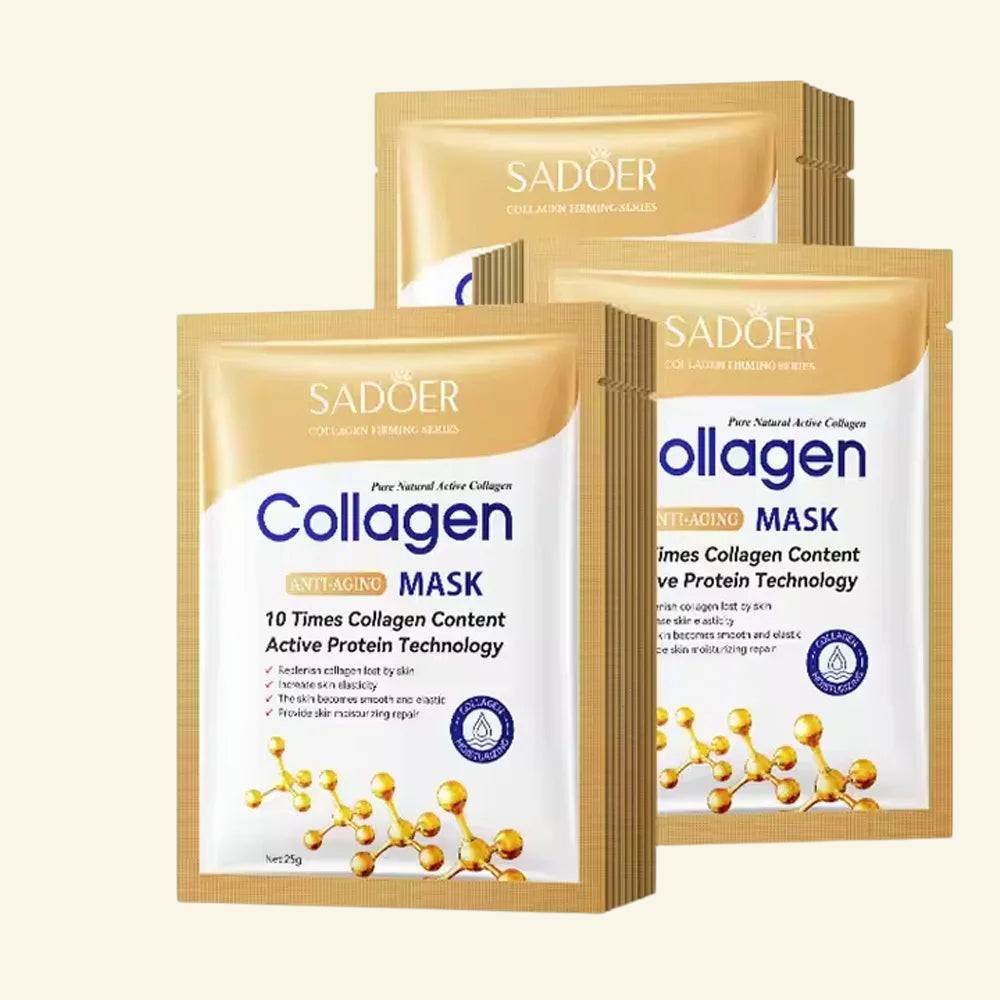 Masque visage au collagène Halo Wellness SADOER, soin raffermissant et hydratant en sachet doré pour une peau repulpée.