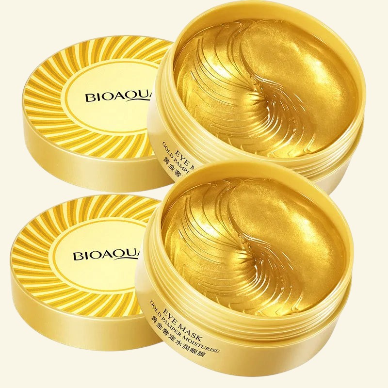 Patchs contour des yeux Halo Wellness BIOAQUA au collagène doré dans leurs pots ronds pour un regard lumineux