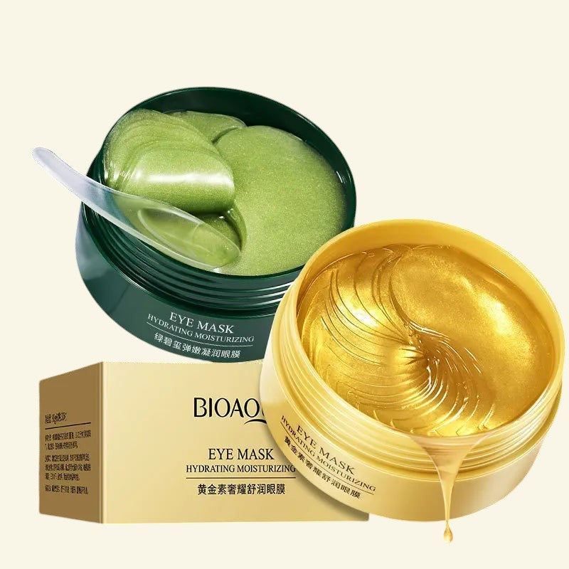 Patchs contour des yeux Halo Wellness BIOAQUA au collagène, pots doré et vert avec spatule pour hydrater le regard.