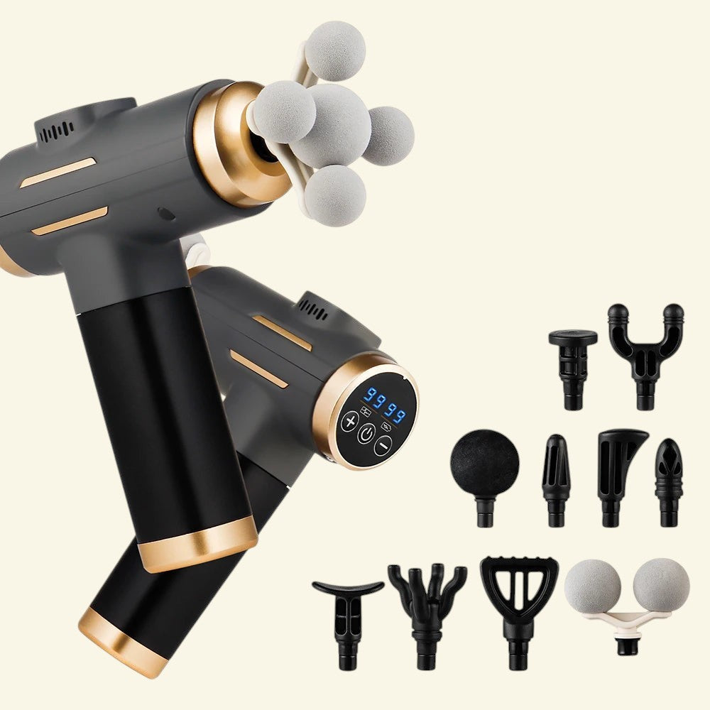 Pistolet de massage professionnel Halo Wellness noir et doré avec 99 niveaux d'intensité et têtes interchangeables