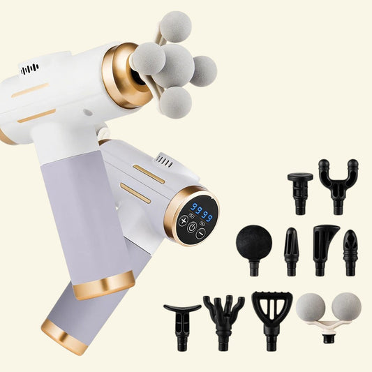 Pistolet de massage professionnel Halo Wellness blanc et gris avec 99 niveaux d'intensité et têtes interchangeables