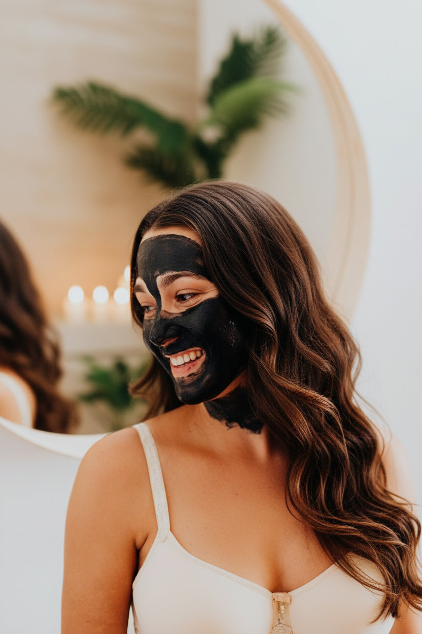 Femme souriante appliquant un masque noir peel-off au charbon actif devant un miroir