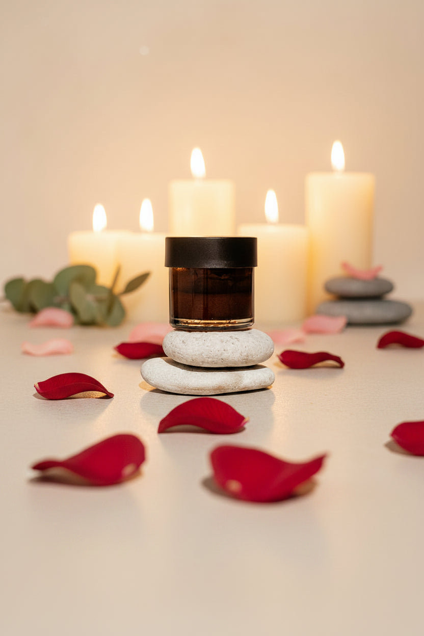 Masque noir au charbon actif dans un pot en verre, ambiance spa épurée