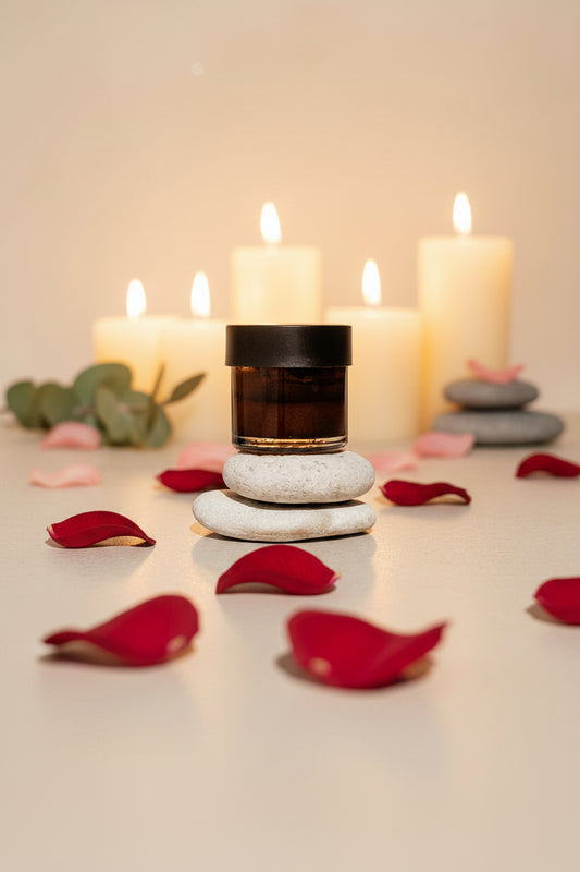 Masque noir au charbon actif dans un pot en verre, ambiance spa épurée