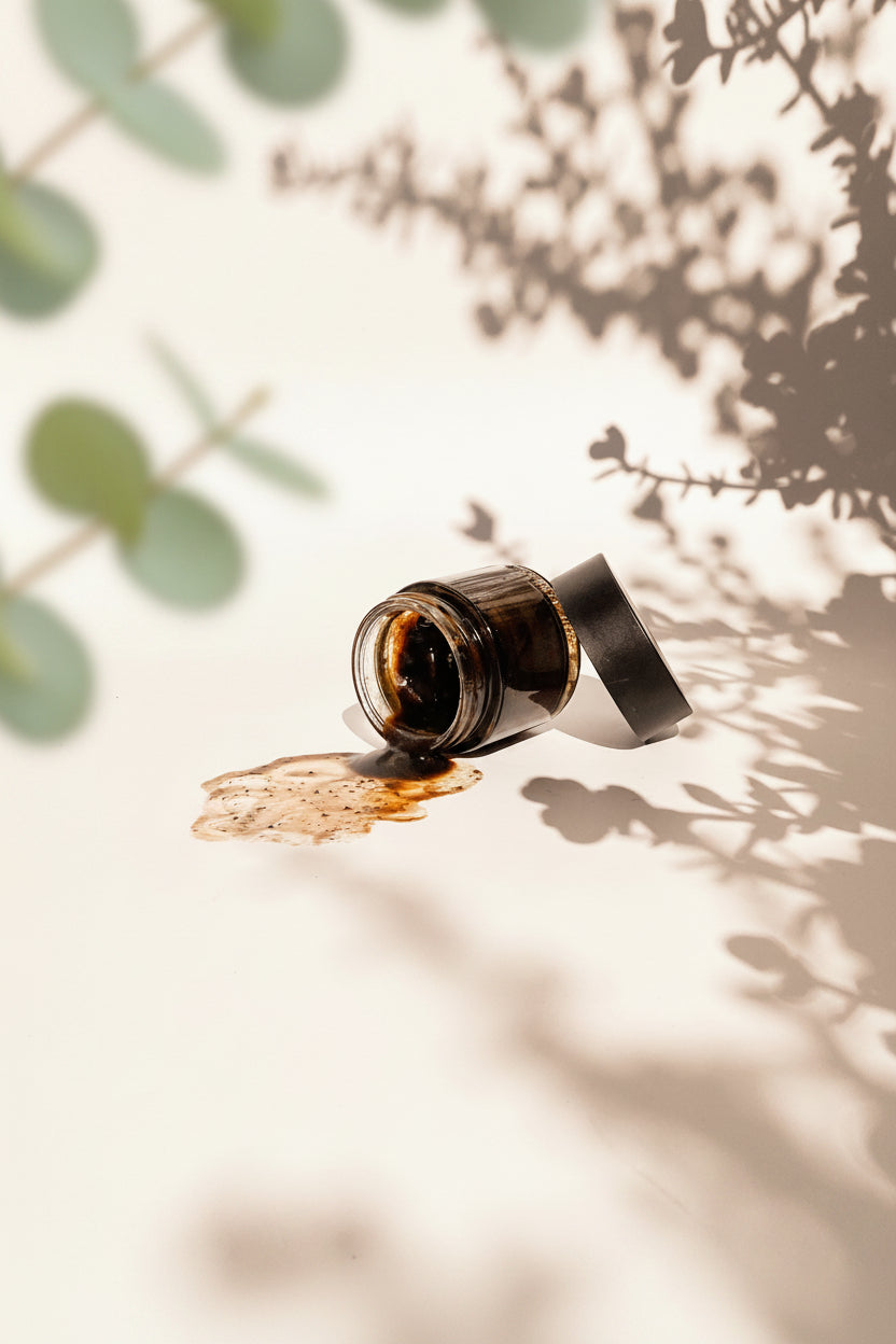 Masque noir au charbon actif, texture et pot ouvert, ambiance spa